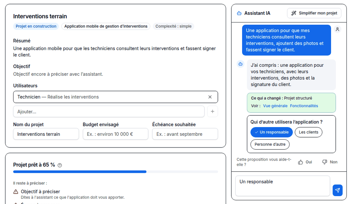 L’assistant pose une question et propose des réponses à cliquer