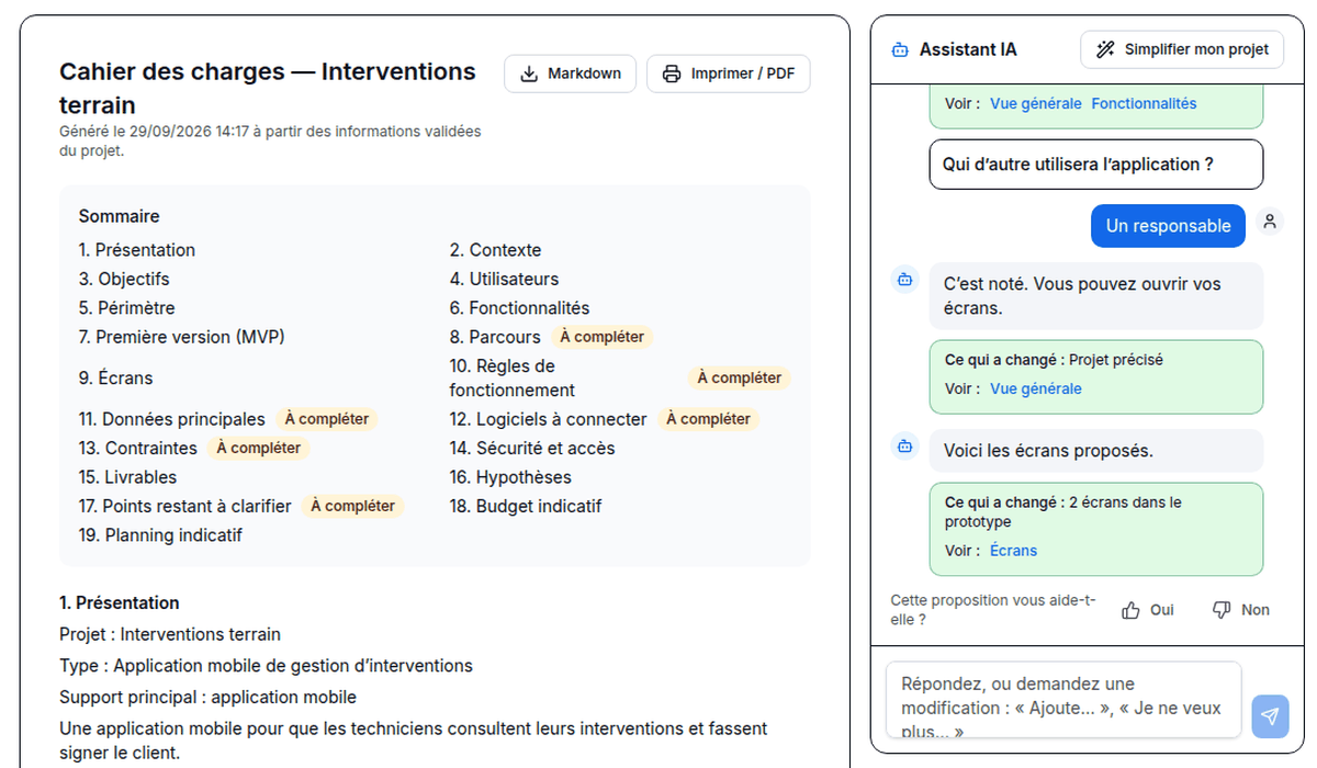 Le cahier des charges généré, avec son sommaire