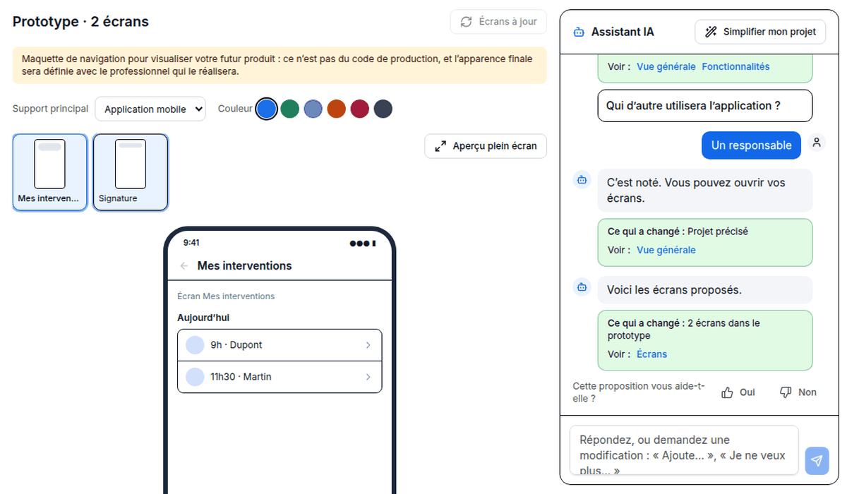 Les maquettes cliquables des écrans d’une application mobile